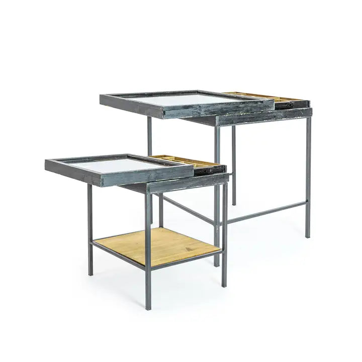 Antiqued Black Wooden Set of 2 Nest Display Side Tables - 62cm & 53cm