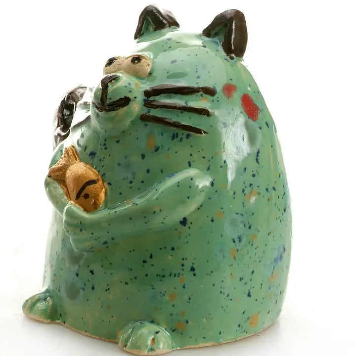 Maverick Cat Ceramic Figurine with Fish | Turquoise - 5cm