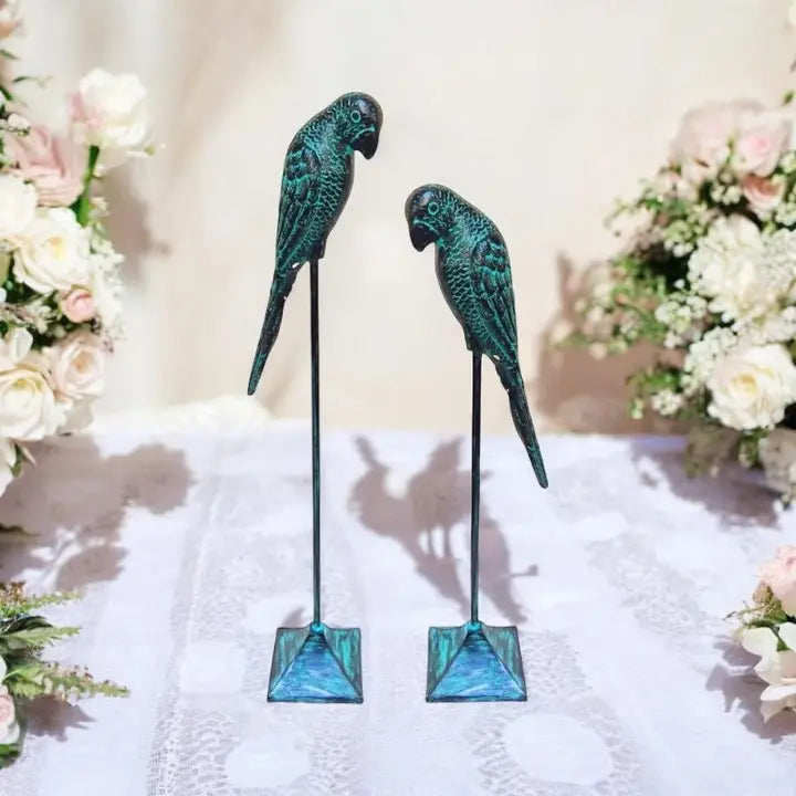 Set of 2 Green Cast Iron Parrots - 73cm & 86cm