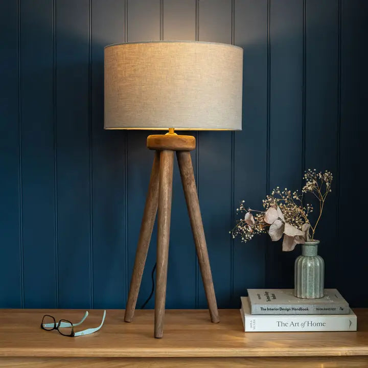 Pill Table Lamp, Hand-Carved Mango Wooden Tri-Pod Base - 73cm