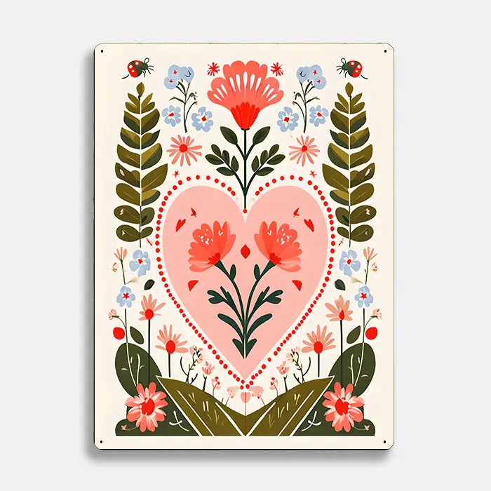 Heart Botanical Flowers Scandinavian Folk Metal Sign Plaque