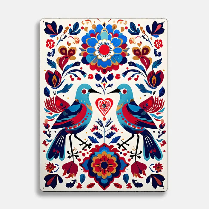 Vibrant Birds Flower Scandinavian Folk Metal Sign Plaque