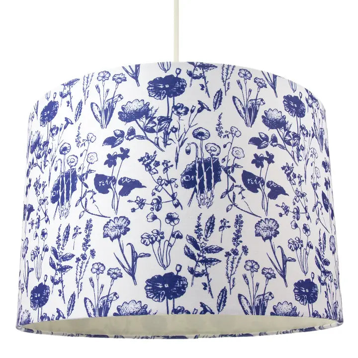 White Cotton 12" Drum Lamp Shade with Blue Floral Decoration