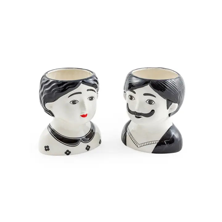 Black and White Set of 2 Large Man and Woman Ceramic Pots