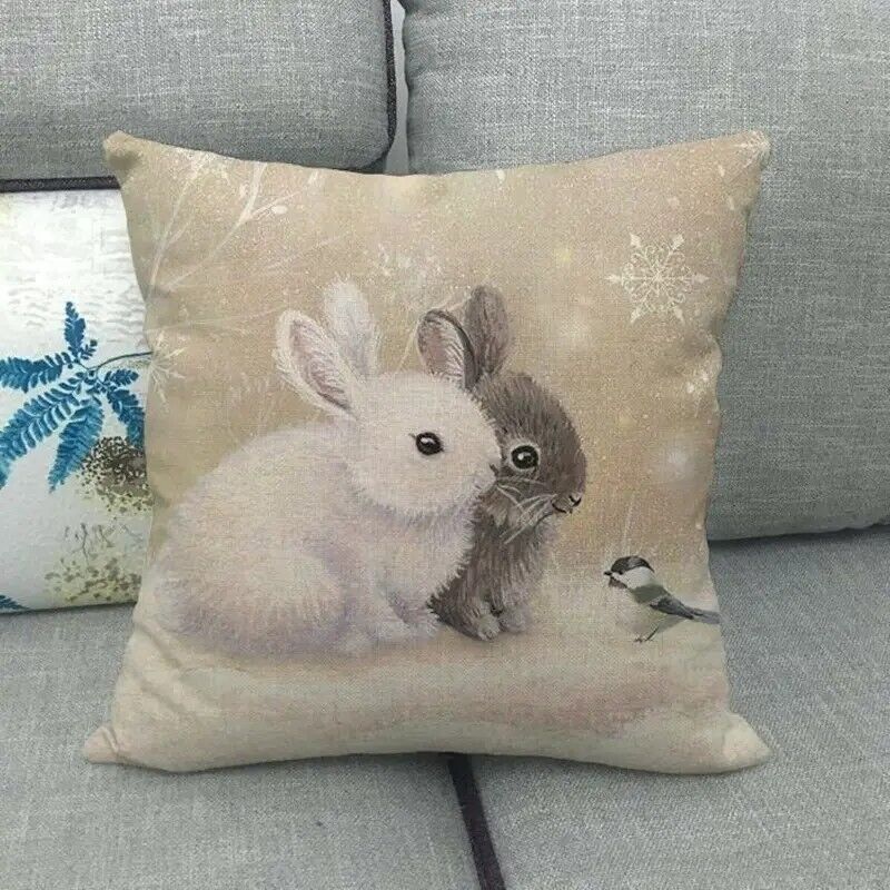 Christmas Bunny with Bird Cushion Cover 18" Linen