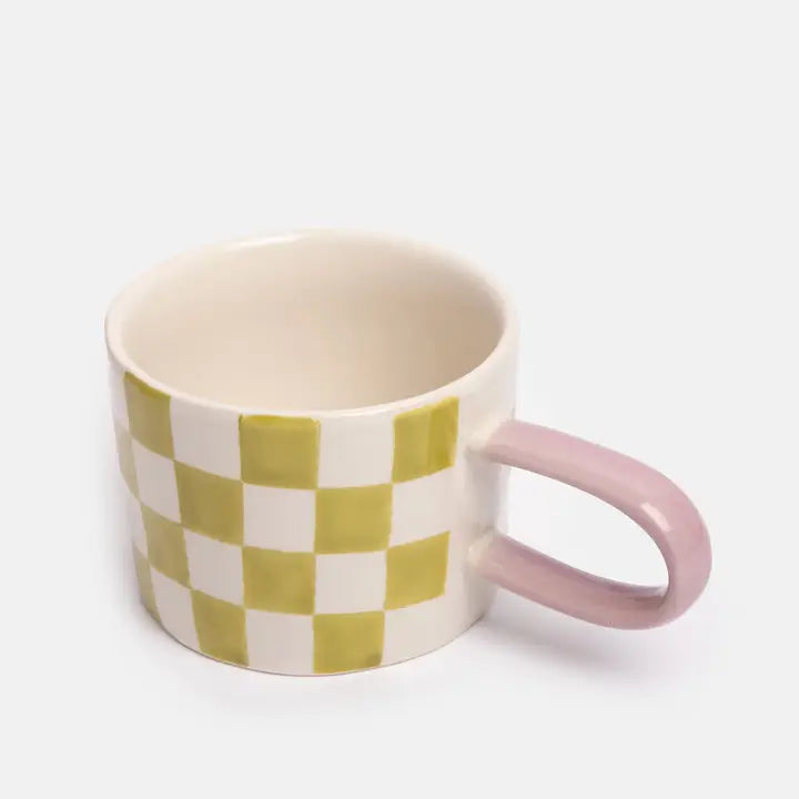 Green Check Ceramic Mug by Caroline Gardner - Set of 4 - 14.5cm