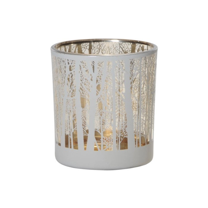 Forest Scene Glass Tealight Candle Holder - White/Gold