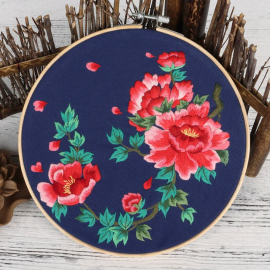 Oriental Poppy Embroidery Kit W/ Hoop, Outline Printed Embroidery Kit