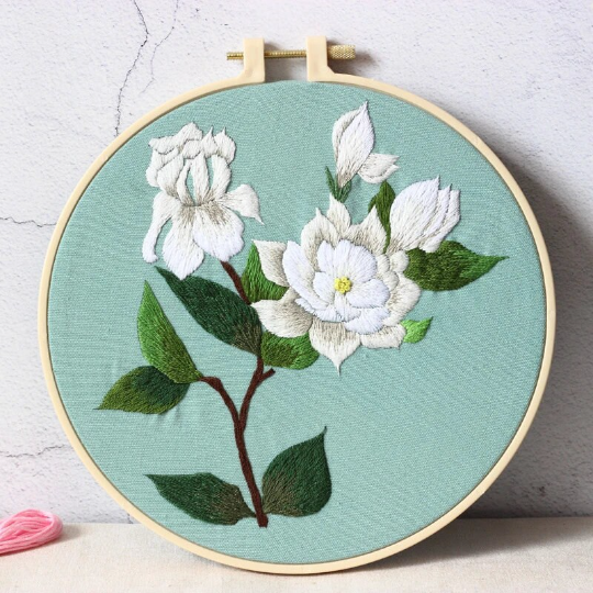 Philadelphus Mock Orange Oriental Embroidery Kit W/ Hoop, Outline Printed