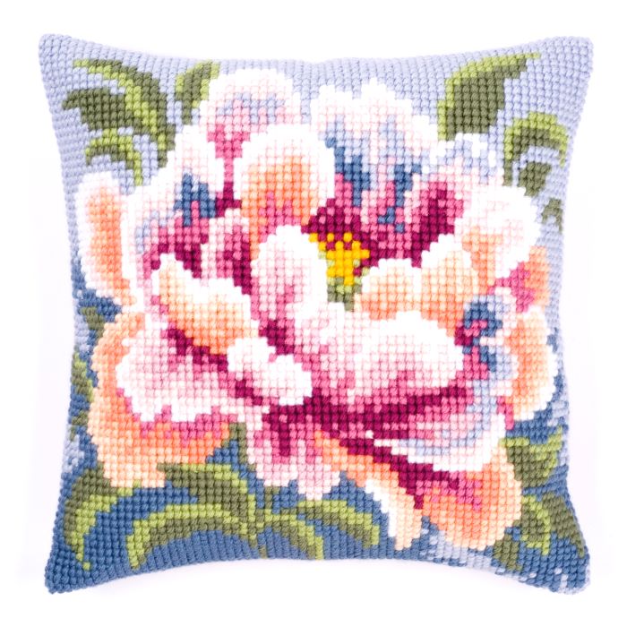 Pink Peony Flower Printed Cross Stitch Tapestry Kit, Cushion Front Tapestry Kit