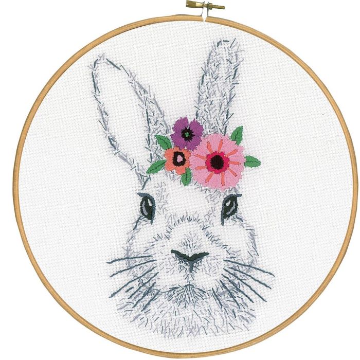 Rabbit With Flowers Embroidery Kit W/ Hoop, Outline Printed