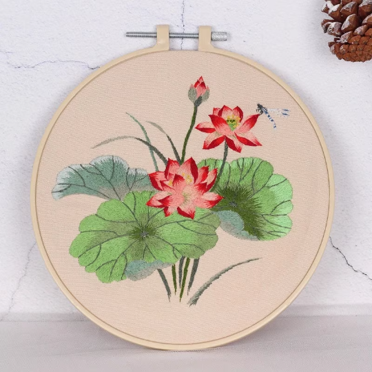 Red Water Lily Lotus Flower Oriental Embroidery Kit W/ Hoop, Outline Printed
