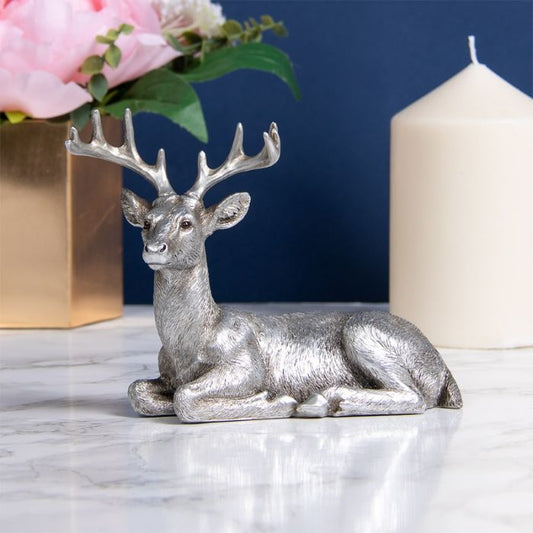 Laying Stag Ornament, Silver Coloured Resting Deer - 16cm
