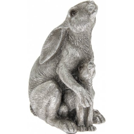 Moon Gazing Hare With Baby Ornament, Silver Coloured Moon Gazing Hare - 12cm