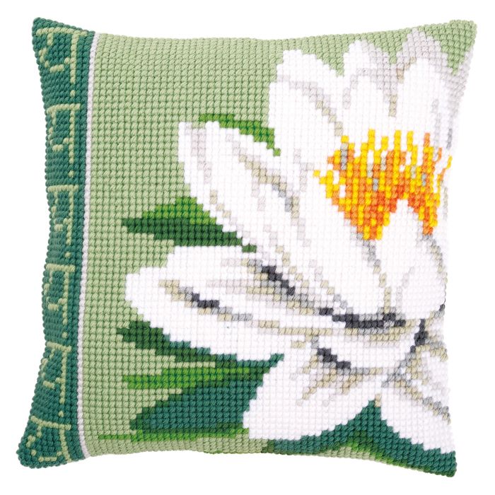 White Lotus Flower Printed Cross Stitch Tapestry Kit, Cushion Front Tapestry Kit