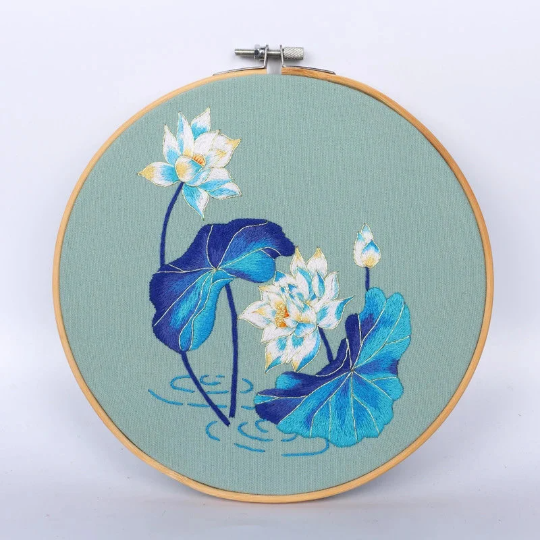 White Water Lily Lotus Flower Oriental Embroidery Kit W/ Hoop, Outline Printed