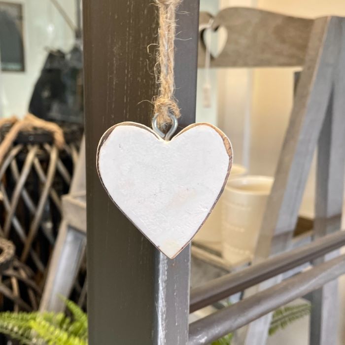 White Chunky Country Wooden Hanging Heart Decoration 5cm