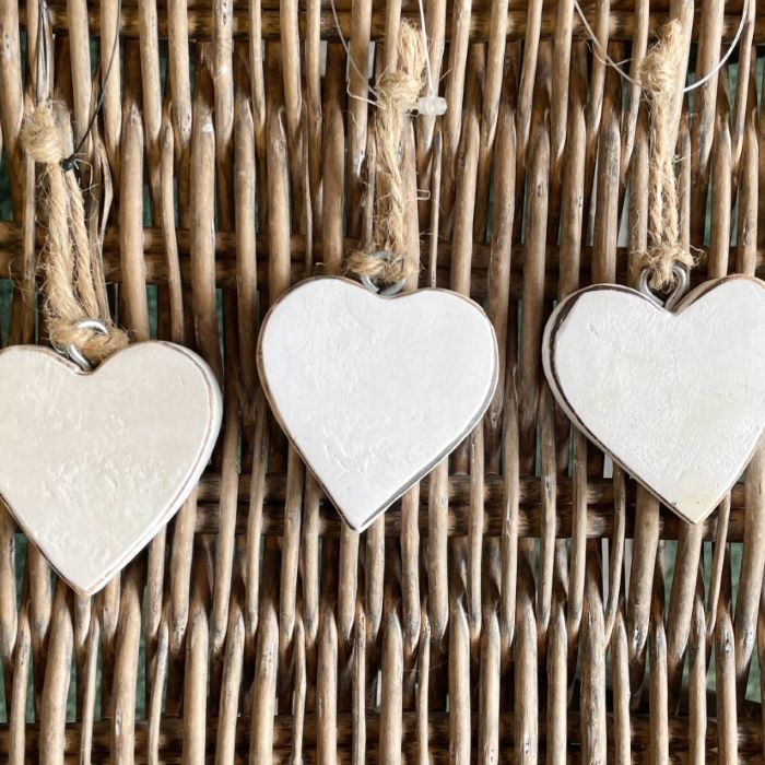 White Chunky Country Wooden Hanging Heart Decoration 5cm