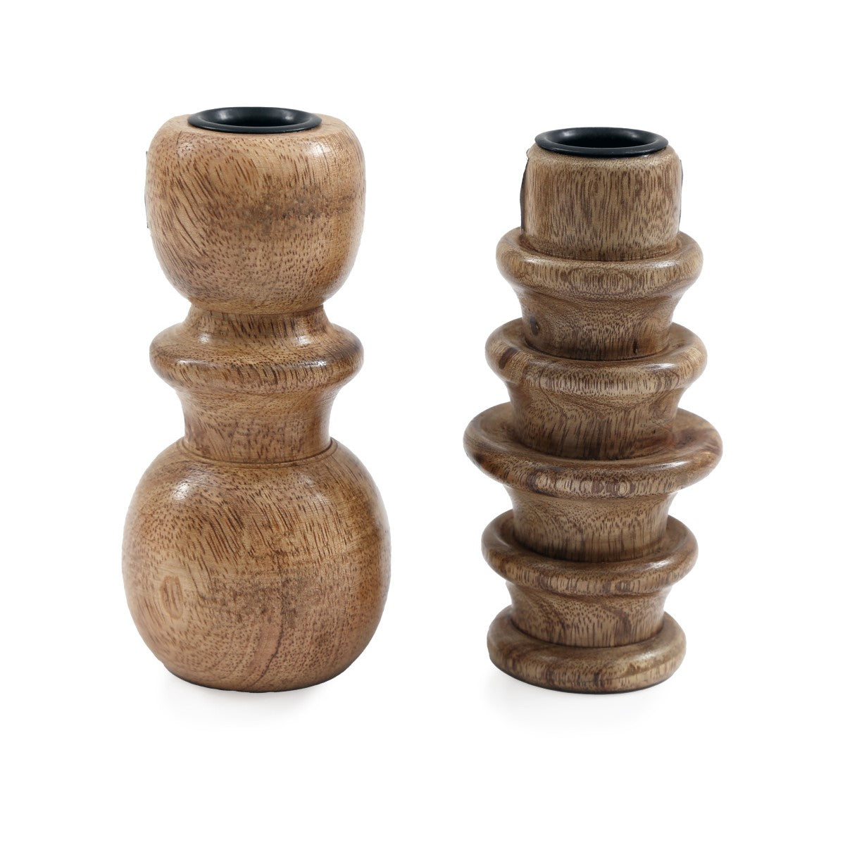 Wooden Ribbed Candlestick Holders, pair 12.5cm