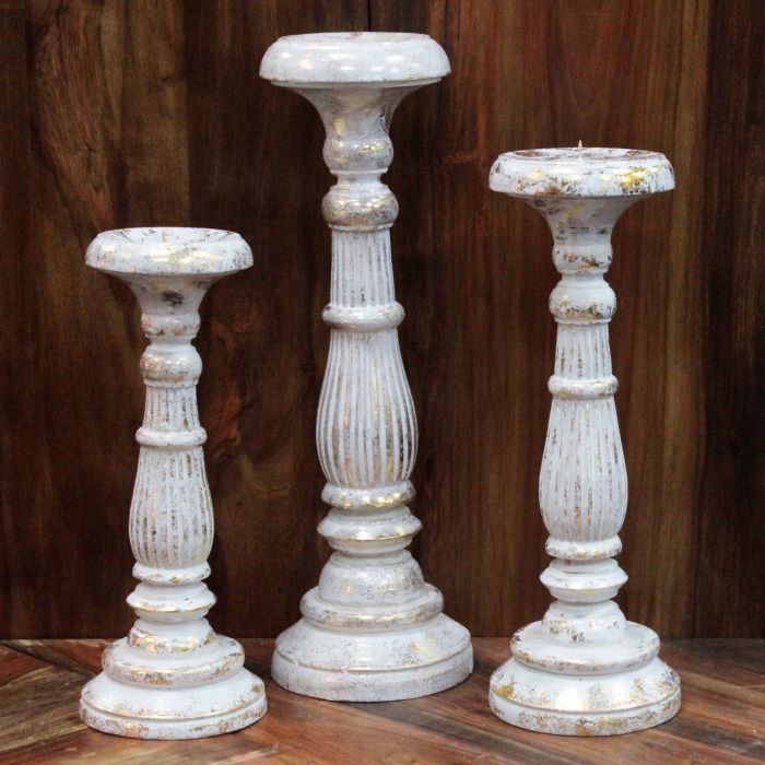 Wooden White and Gold Candle Stand 34cm