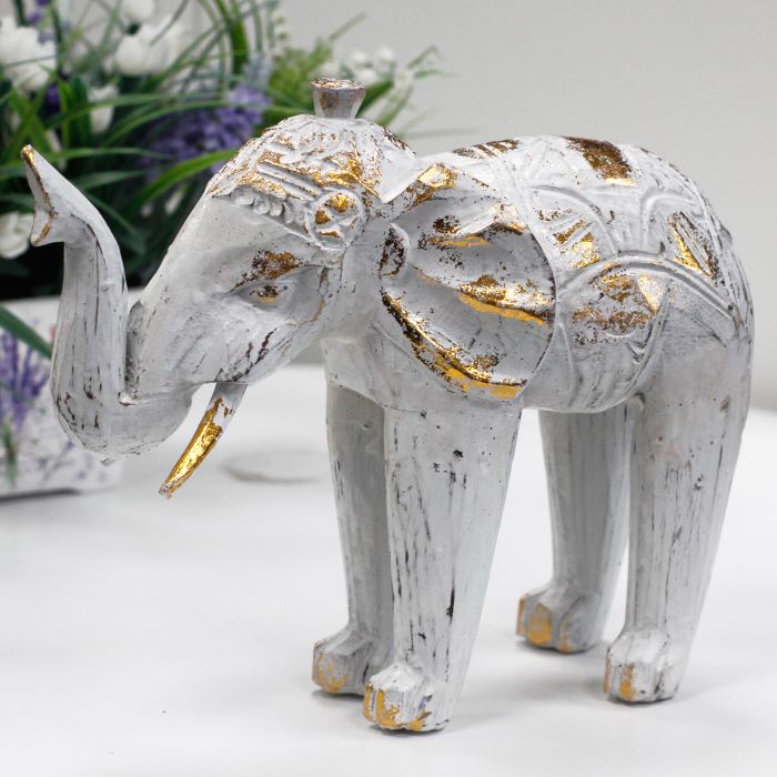 Carved Wooden Elephant Ornament, White and Gold - 24cm