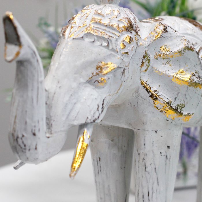 Carved Wooden Elephant Ornament, White and Gold - 24cm