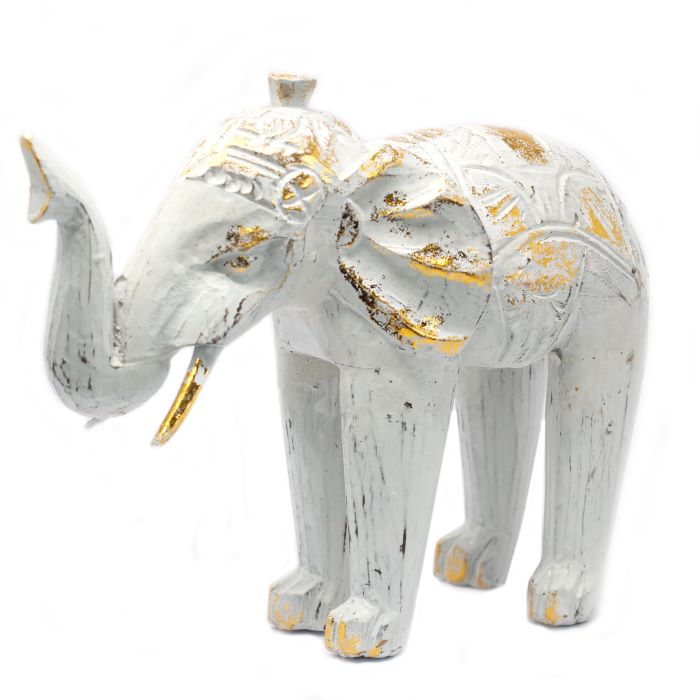 Carved Wooden Elephant Ornament, White and Gold - 24cm