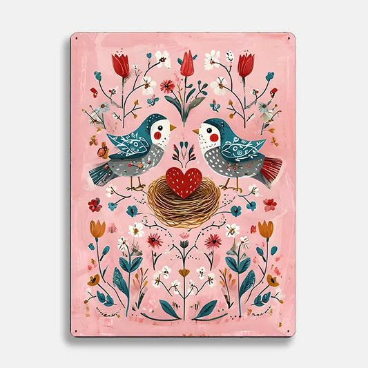Birds Heart Nest Flower Scandinavian Folk Metal Sign Plaque