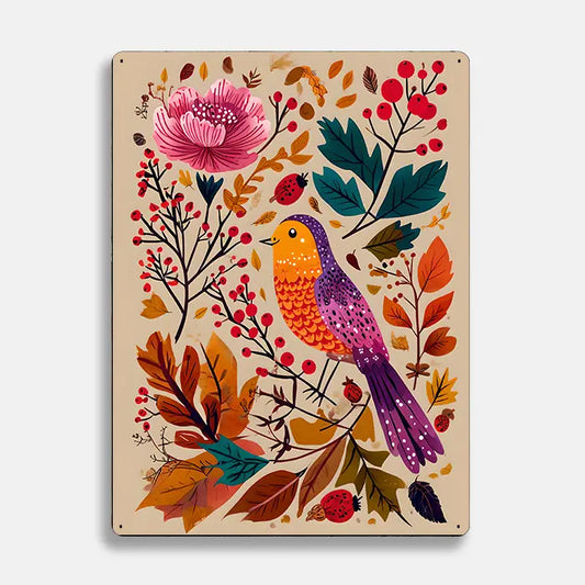 Illustration Floral Bird Scandinavian Folk Metal Sign Plaque