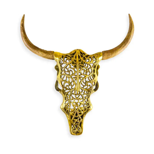Antique Gold and Wood Tribal Bison Wall Head - 54cm