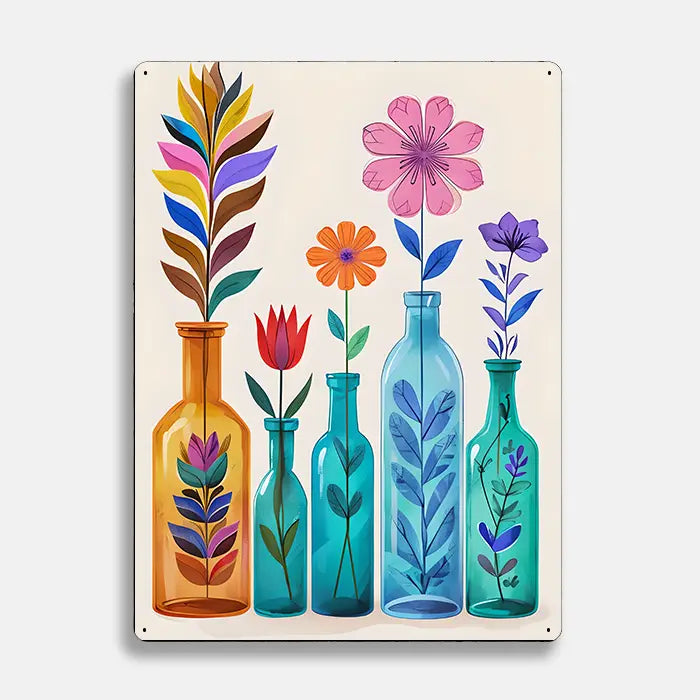 Colourful Bottles Flowers Scandinavian Folk Metal Sign Plaque