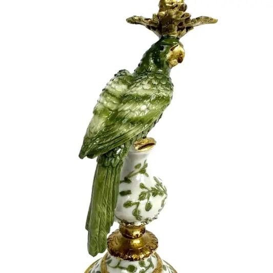 Antiqued Ornate Green/White Parrot Candle Holder - 26cm