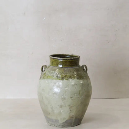 Vintage Glazed Yunnan Pot Green Swirls - 24cm