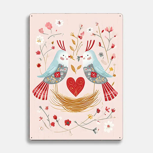 Heart Nest Bird Floral Scandinavian Folk Metal Sign Plaque
