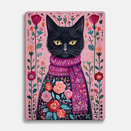 Black Cat Scarf Pink Scandinavian Folk Metal Sign Plaque
