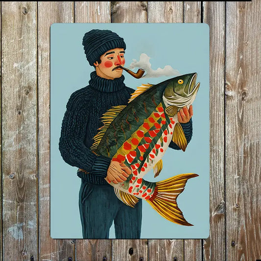 Folk Man Big Fish Seaside Sea Nautical Metal Sign Plaque
