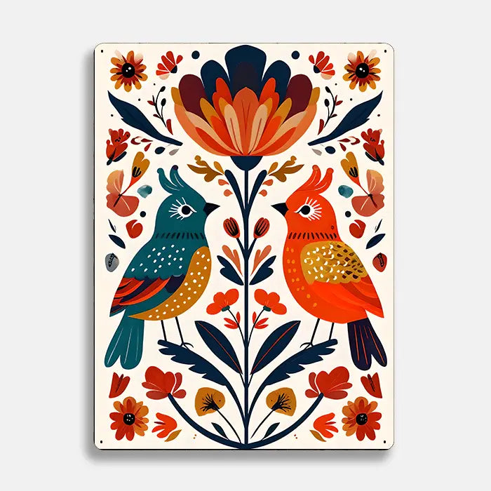 Vibrant Colourful Birds Scandinavian Folk Metal Sign Plaque