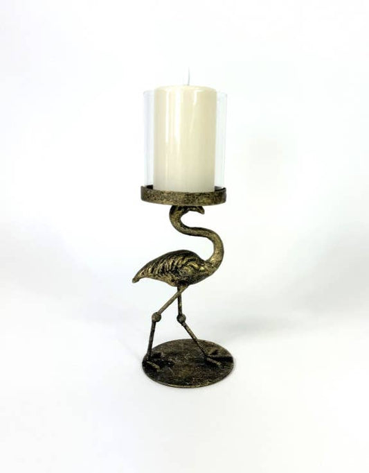 Antiqued Flamingo Candle Holder with Glass Cover