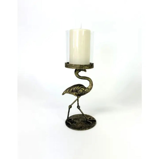 Antiqued Flamingo Candle Holder with Glass Cover