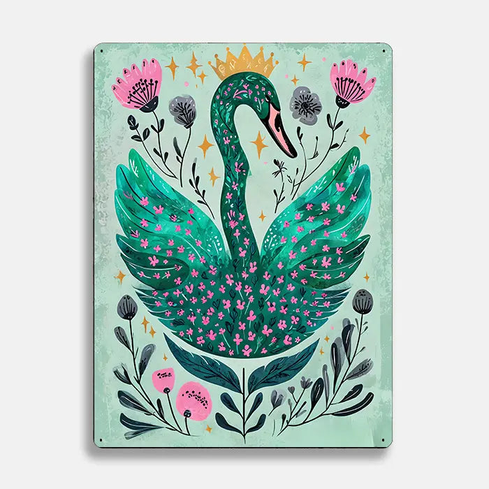Green Swan Crown Scandinavian Folk Metal Sign Plaque