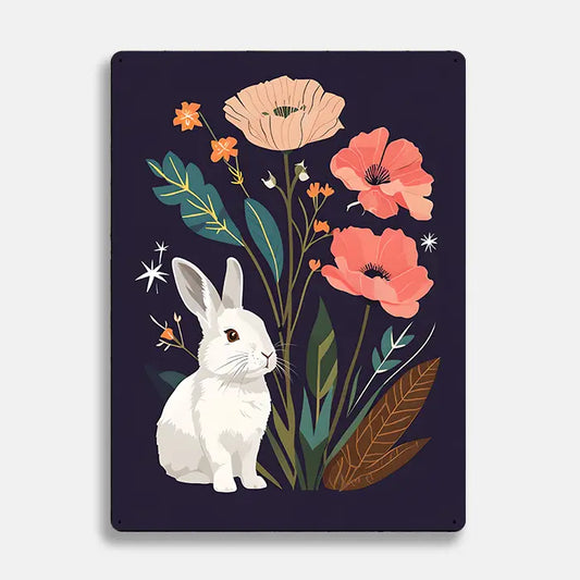 White Rabbit Flower Scandinavian Folk Metal Sign Plaque