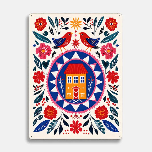 Illustration House Home Scandinavian Folk Metal Sign Plaque