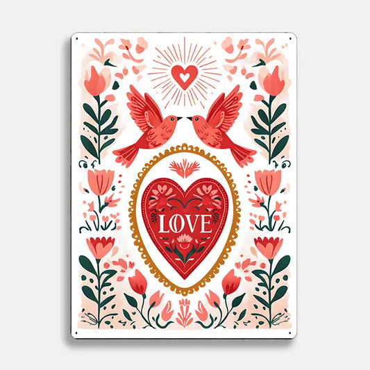 Love Heart Birds Floral Scandinavian Folk Metal Sign Plaque
