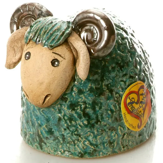 Handmade Wolly Ram Ceramic Figurine in Teal - 12cm