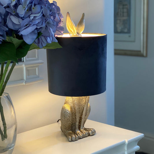 Silver Hare Table Lamp With Grey Velvet Shade - 50cm