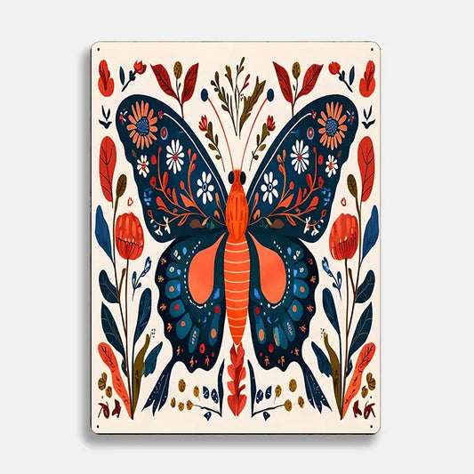 Butterfly Flowers Scandinavian Folk Metal Sign Plaque