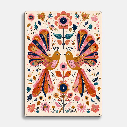 Birds and Flowers Scandinavian Folk Metal Sign Plaque