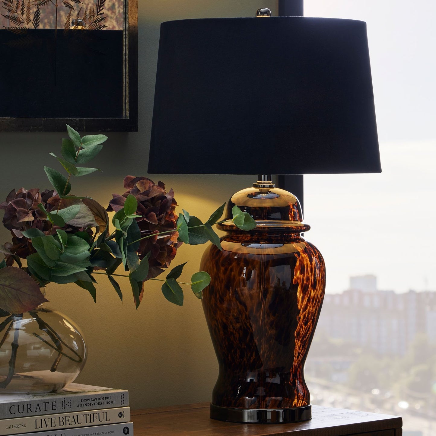 Amber Dapple Table Lamp W/ Black Velvet Shade - 76cm