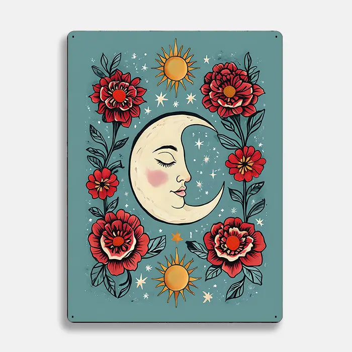 Crescent Moon Flowers Scandinavian Folk Metal Sign Plaque