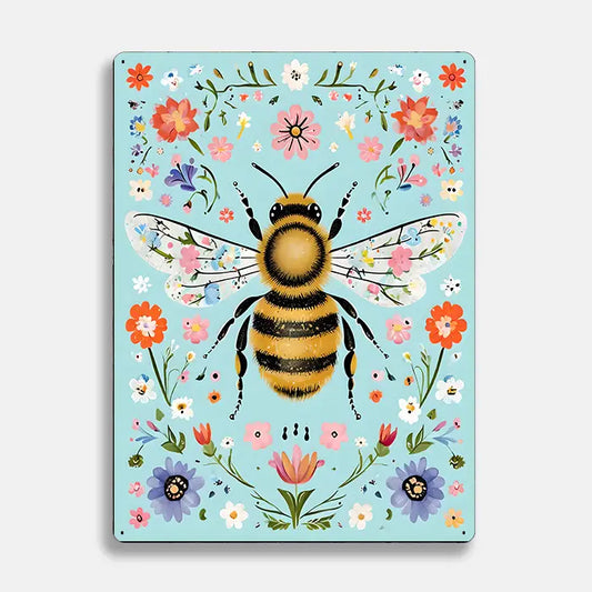 Illustration Flowers Bee Scandinavian Folk Metal Sign Plaque